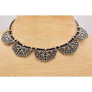 Phillipe Audibert Vintage Ornate Collar Necklace Silver Tone Black Signed BinAU